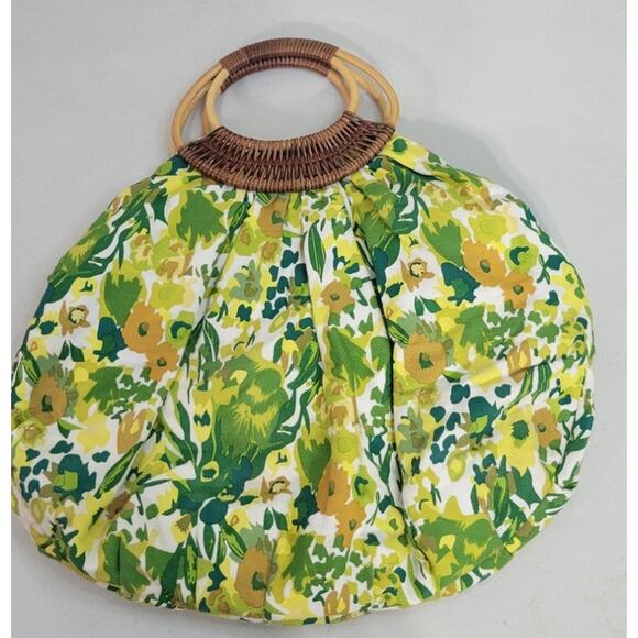 Boho Vintage Green & White Floral Purse Wooden Handles Hippie Retro Fun Handbag - Picture 4 of 6
